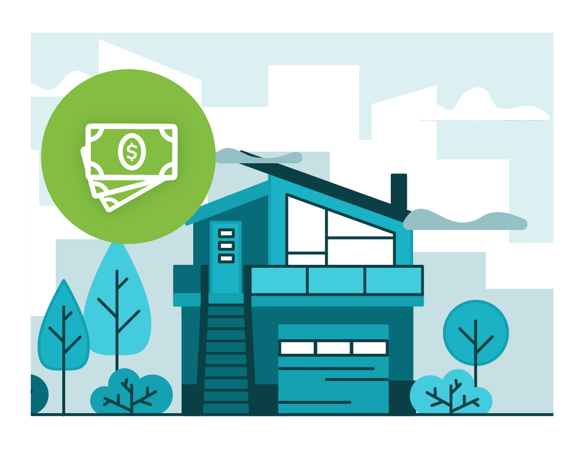 Illustration of a home with a money icon overlaid